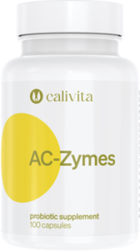 Opakowanie suplementu diety AC-Zymes Calivita wspierającego florę jelitową z Lactobacillus acidophilus.