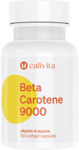 Opakowanie suplementu Beta Carotene Calivita z witaminą E wspierającego skórę, wzrok i odporność.