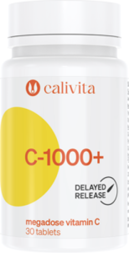 Opakowanie suplementu diety Calivita C-1000+ zawierającego witaminę C 1000 mg i dziką różę, wspierającego odporność i energię.
