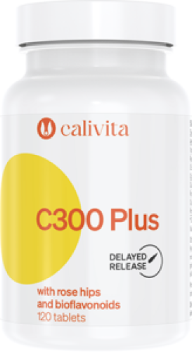 Opakowanie suplementu C 300 Plus with rose hips and bioflavonoids Calivita, z widoczną grafiką dzikiej róży, symbolizujące witaminę C o przedłużonym uwalnianiu.