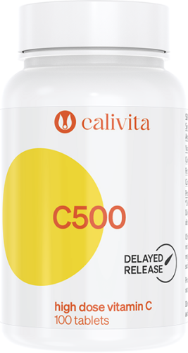 Opakowanie suplementu diety Calivita C 500 z naturalną witaminą C o przedłużonym uwalnianiu.