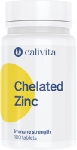 Opakowanie suplementu diety Chelated Zinc Calivita, źródło dobrze przyswajalnego cynku chelatowego.