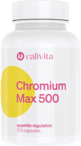 Opakowanie suplementu diety Calivita Chromium Max 500 z pikolinianem chromu, wspierającego metabolizm i kontrolę apetytu.