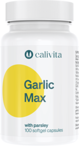 Opakowanie suplementu diety Garlic Max Calivita z olejem z czosnku i ekstraktem z pietruszki.