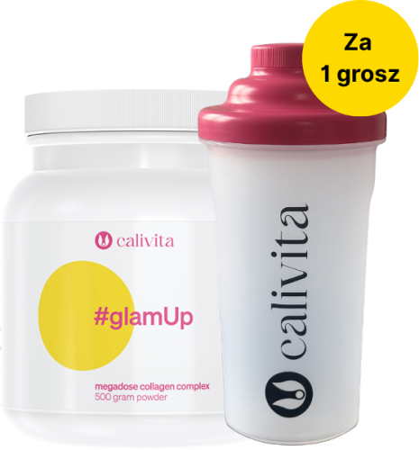 Opakowanie suplementu #glamUp Calivita w formie proszku do przygotowania napoju cytrynowego, wspierającego urodę i kondycję skóry.