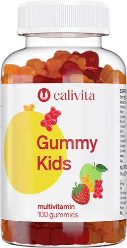 Opakowanie żelków multiwitaminowych Gummy Kids Calivita o smaku jabłkowym i truskawkowym, w kształcie misia, przeznaczone dla dzieci od 4 roku życia.