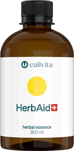 Opakowanie produktu HerbAid+ Calivita – szwajcarskiego eliksiru kosmetycznego z 53 naturalnymi składnikami roślinnymi do wszechstronnej pielęgnacji skóry.