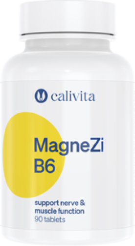 Opakowanie suplementu diety MagneZi B6 Calivita wspierającego układ nerwowy, mięśnie i redukującego zmęczenie.