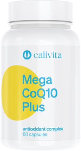 Opakowanie suplementu diety Mega CoQ10 Plus Calivita, wspierającego energię komórkową i ochronę antyoksydacyjną po 30. roku życia.