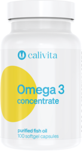 Opakowanie suplementu diety Calivita Omega 3 Concentrate zawierającego skoncentrowane kwasy tłuszczowe omega-3 EPA i DHA, wspierające serce, mózg i wzrok.