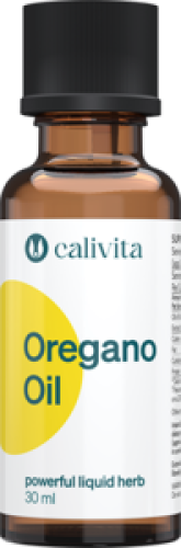 Butelka Oregano Oil Calivita z pipetą, na tle świeżych liści oregano, symbolizująca naturalne wsparcie trawienia i ochronę antyoksydacyjną.