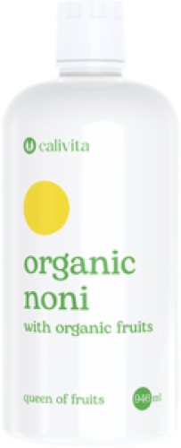 Opakowanie Organic Noni with Organic Fruits Calivita, ekologiczny sok z noni wzbogacony owocami czereśni, granatu i białych winogron.