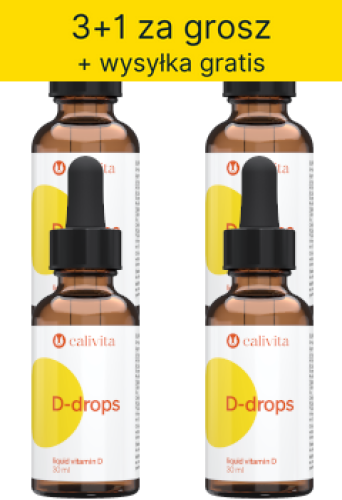 Opakowanie Pakietu D-Drops Liquid Vitamin D Calivita, płynna witamina D3 z kroplomierzem, idealna dla całej rodziny.