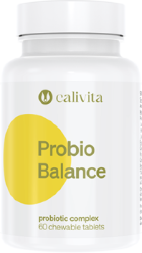 Opakowanie suplementu ProbioBalance Calivita – synbiotyk z probiotykami i prebiotykiem w tabletkach do ssania o smaku wiśniowym, wspierający florę jelitową.
