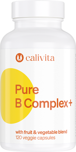 Opakowanie suplementu diety Pure B Complex+ Calivita, z wyraźnie widoczną nazwą produktu oraz informacjami o kluczowych składnikach i korzyściach dla zdrowia.