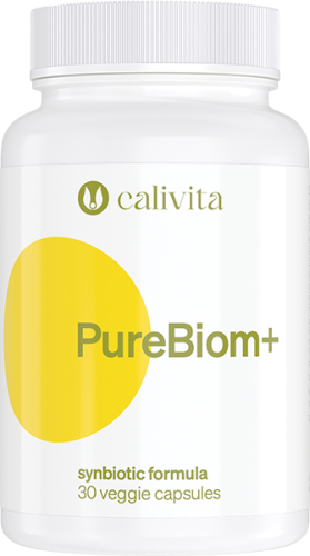 Opakowanie PureBiom+ Calivita, innowacyjnego synbiotyku wspierającego trawienie i odporność.
