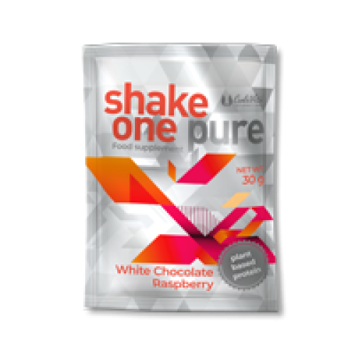 Shake One Pure White Chocolate Raspberry 30g – koktajl białkowo-węglowodanowy o smaku białej czekolady i malin, wspierający dietę i regenerację.