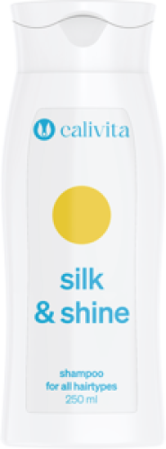 Opakowanie szamponu Calivita Silk & Shine Shampoo z aloesem i pantenolem, zapewniającego blask i nawilżenie włosów.
