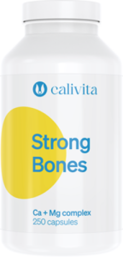 Opakowanie Strong Bones Calivita 250 kapsułek z wapniem i magnezem dla wsparcia zdrowia kości i zębów.