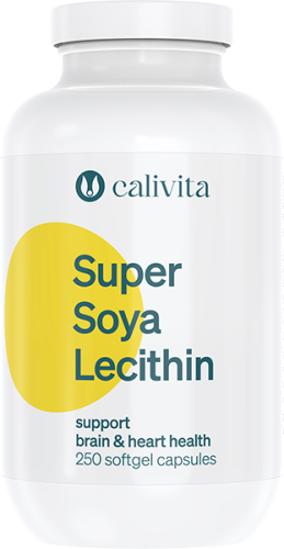 Opakowanie suplementu Super Soya Lecithin Calivita 250 kapsułek z lecytyną sojową, wspierającego funkcje mózgu i wątroby.