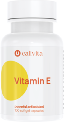 Opakowanie suplementu Vitamin E Calivita, naturalny antyoksydant wspierający skórę i ochronę komórek.